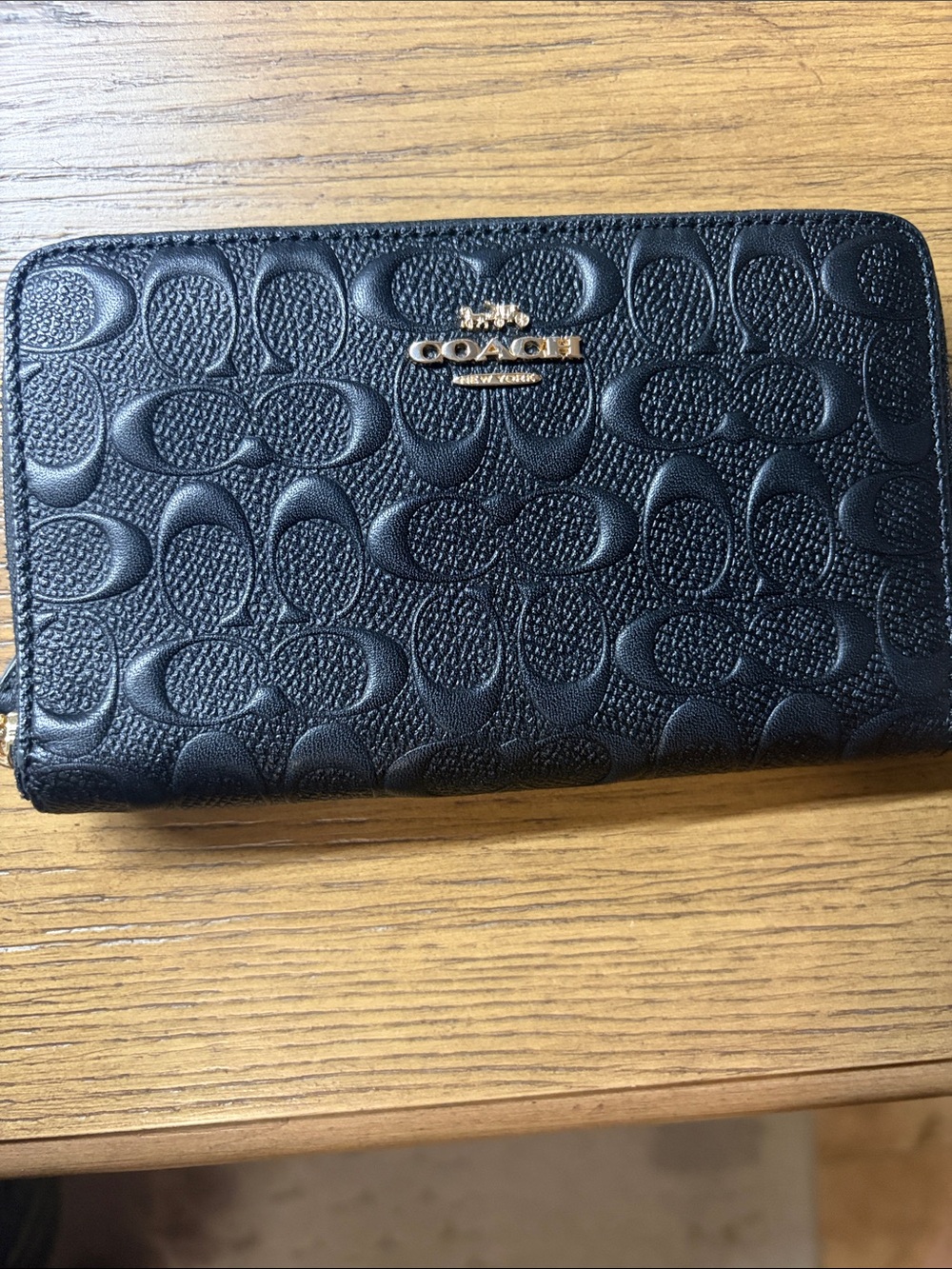 Coach Black Signature Leather Zip Wallet with Gold Hardware